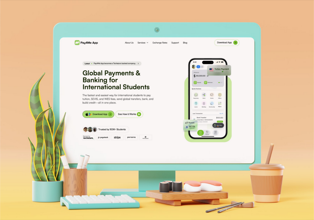 The Pay4Me website, a cross-border payments platform for international students, shown on a desktop monitor